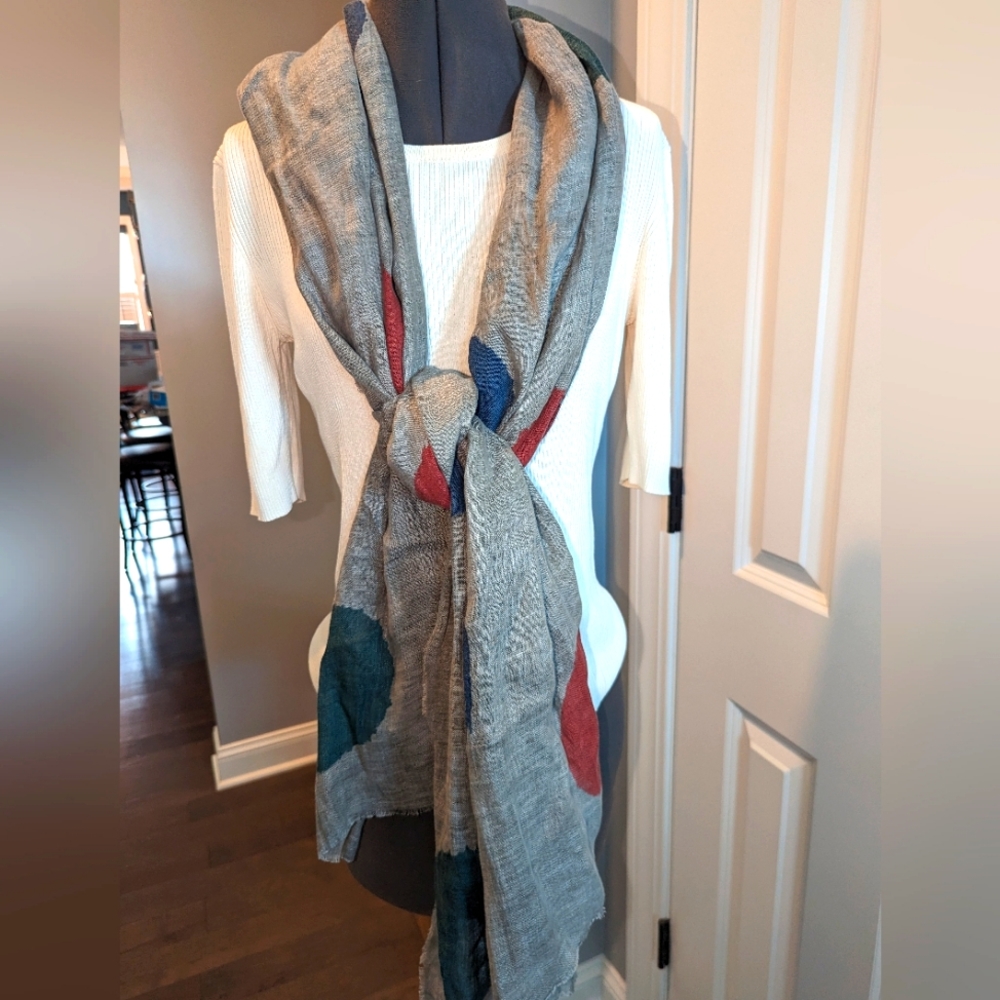 Exquisite J. 100% Linen scarf. Grey with large Multi-color Circles